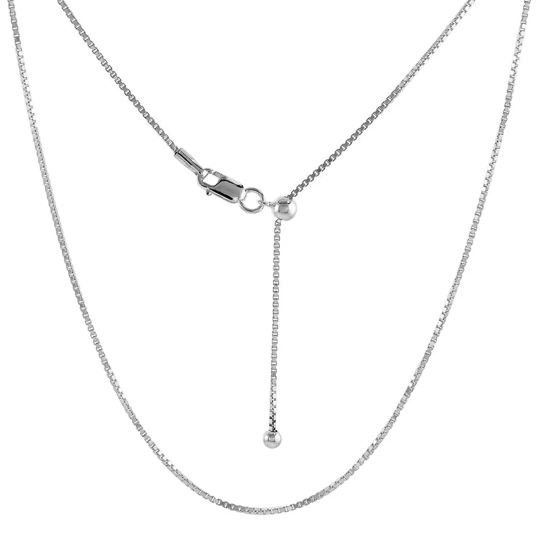 Silver lariat necklace with a box chain design and a single drop pendant.