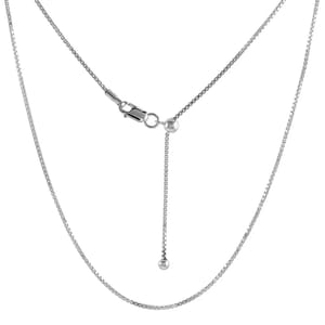Silver lariat necklace with a box chain design and a single drop pendant.