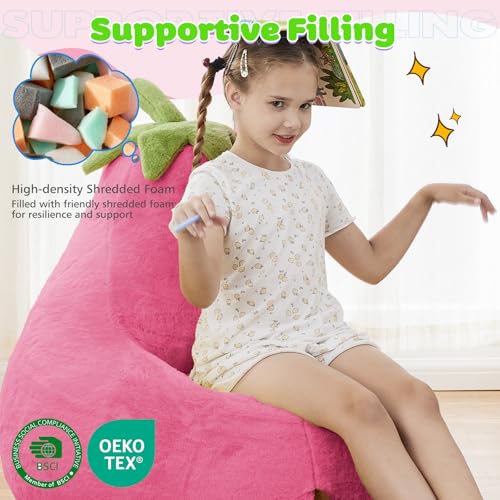Child sitting on a pink bean bag with supportive filling, made of high-density shredded foam. The product is OEKO-TEX certified, indicating safety and environmental compliance.