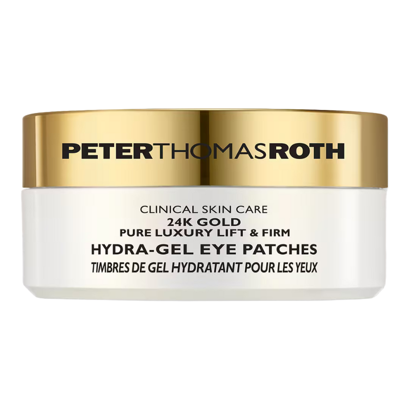 Peter Thomas Roth 24K Gold Hydra-Gel Eye Patches are designed for lifting and firming the under-eye area, infused with luxurious 24K gold. They are part of a clinical skin care line to provide hydration and reduce the appearance of fine lines.