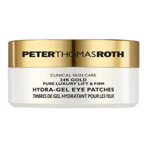 Peter Thomas Roth 24K Gold Hydra-Gel Eye Patches are designed for lifting and firming the under-eye area, infused with luxurious 24K gold. They are part of a clinical skin care line to provide hydration and reduce the appearance of fine lines.