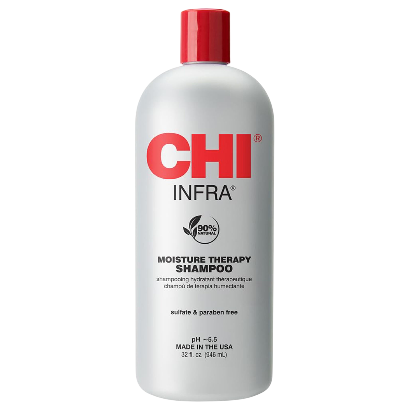 CHI Infra Moisture Therapy Shampoo, 32 fl. oz. (946 mL), 90% natural, sulfate and paraben-free, pH ~5.5, made in the USA.