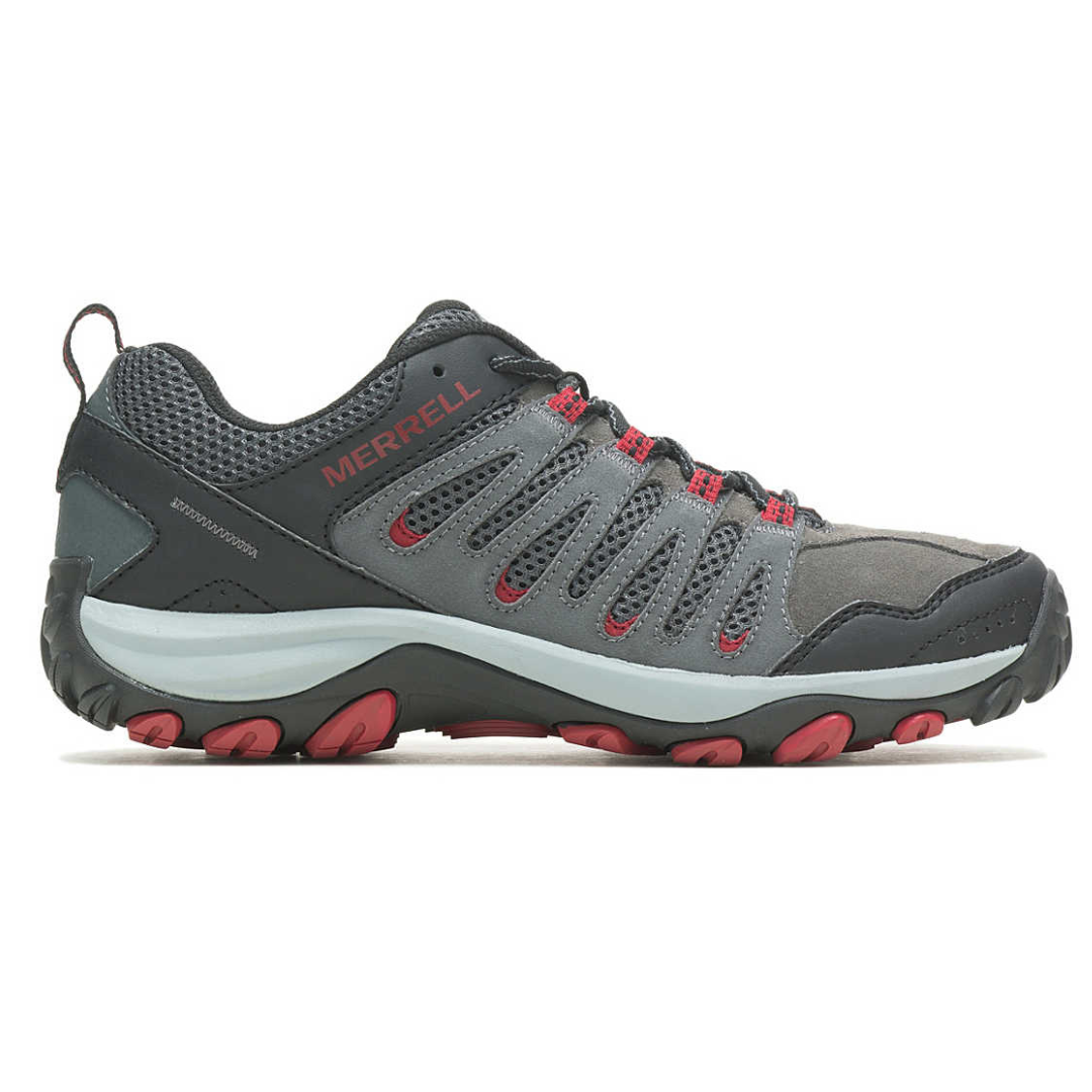 Gray and black Merrell hiking shoe with red accents, featuring a rugged sole and breathable mesh design.