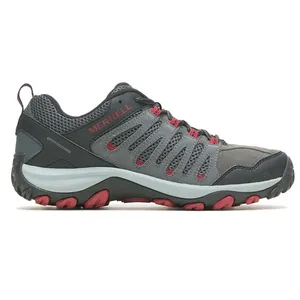 Gray and black Merrell hiking shoe with red accents, featuring a rugged sole and breathable mesh design.