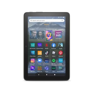 Amazon Fire HD 8\“ Tablet with a touchscreen display, features apps like Netflix, Amazon Music, TikTok, and Kindle.