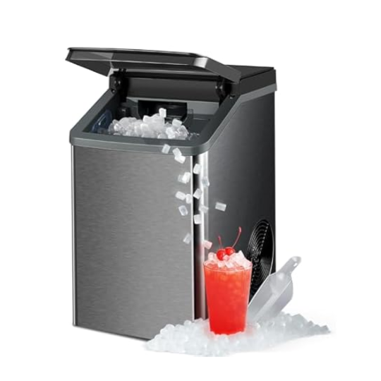 A countertop ice maker dispenses ice cubes next to a red drink garnished with cherries, accompanied by an ice scoop.