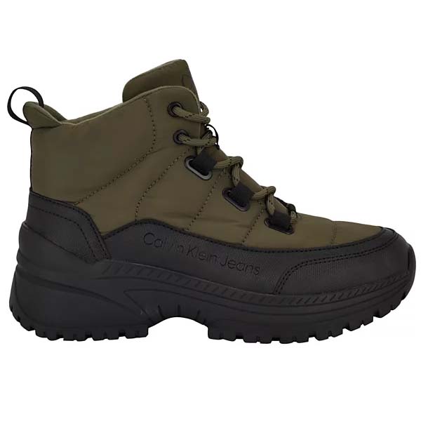 An olive green hiking boot with black rubber sole, featuring lace-up closure and branding on the side.