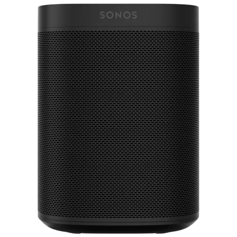 Black Sonos One smart speaker with a minimalist design and a mesh grille covering.