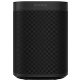 Black Sonos One smart speaker with a minimalist design and a mesh grille covering.