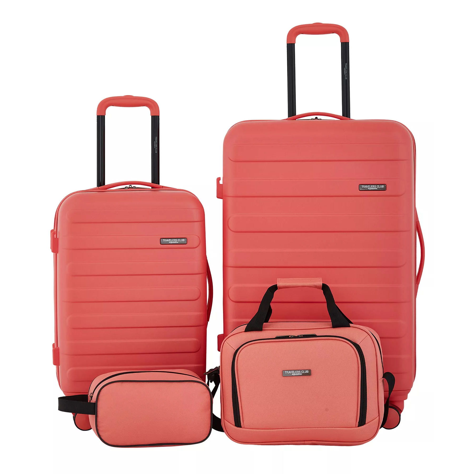 Four-piece luggage set in coral color, including two hardshell suitcases with telescopic handles, a small duffel bag, and a toiletry bag.