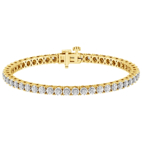 A gold tennis bracelet featuring a row of round diamonds set in a continuous line with a secure clasp.