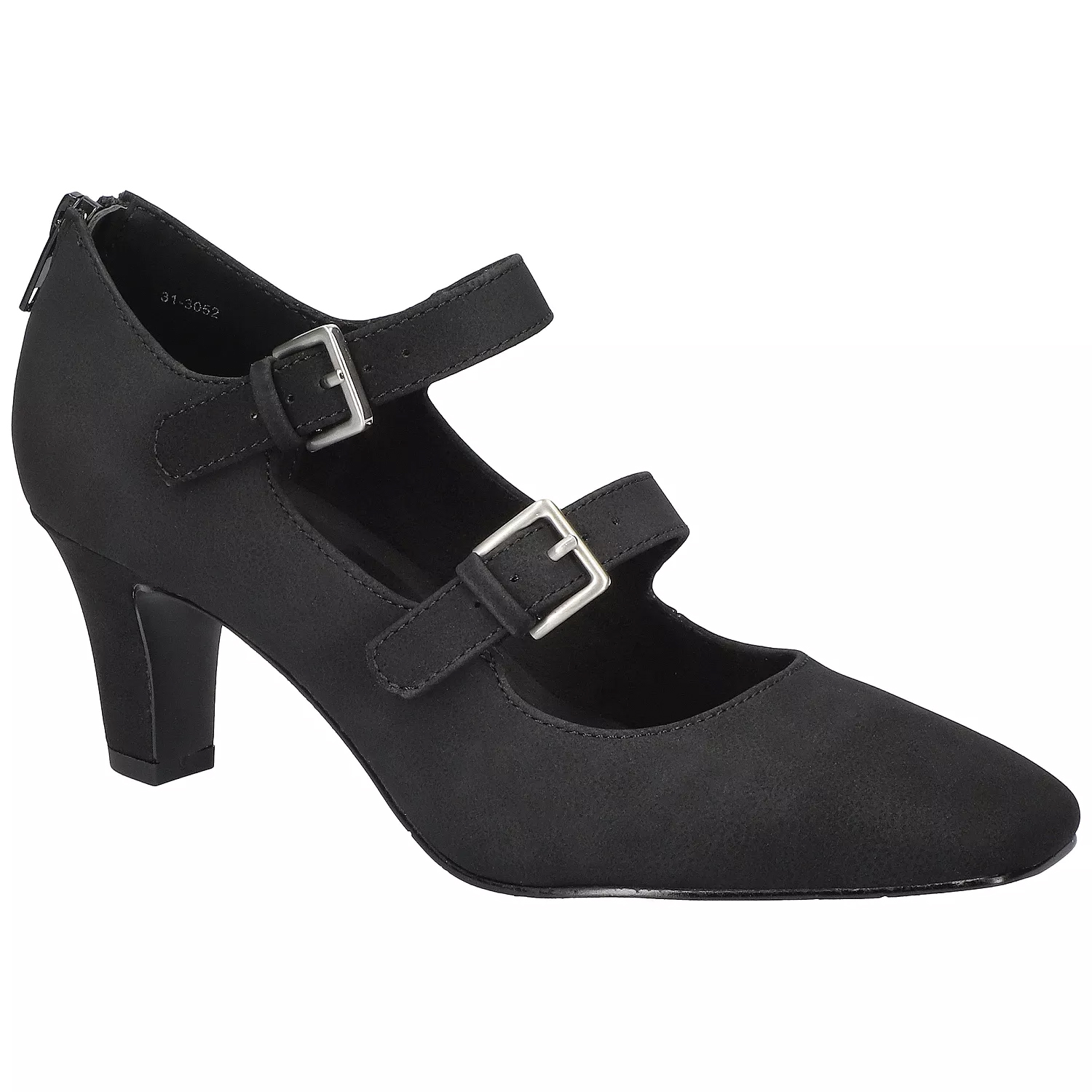 Black Mary Jane shoe with two adjustable buckle straps, a rounded toe, and a low block heel.