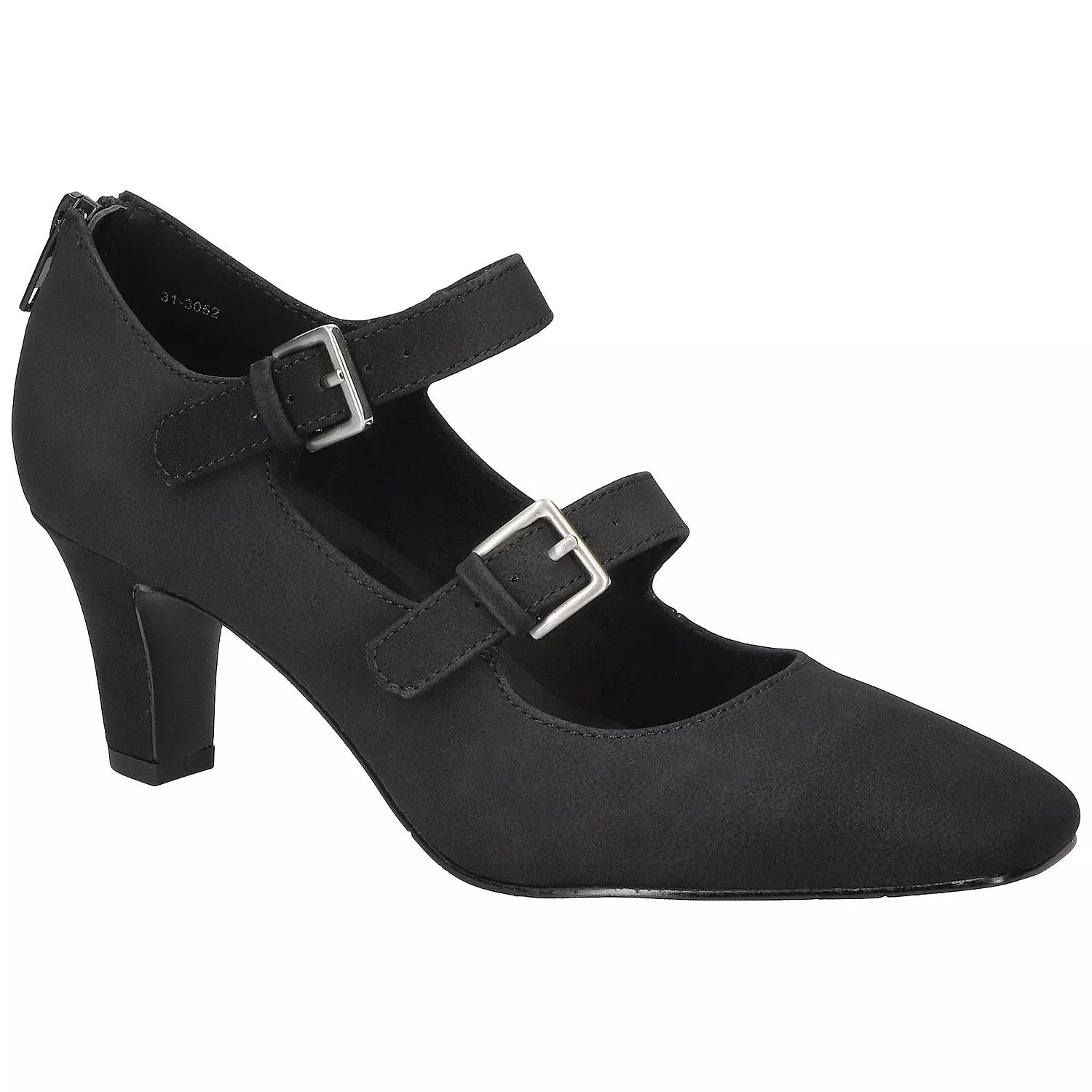 Black Mary Jane shoe with two adjustable buckle straps, a rounded toe, and a low block heel.