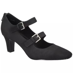 Black Mary Jane shoe with two adjustable buckle straps, a rounded toe, and a low block heel.