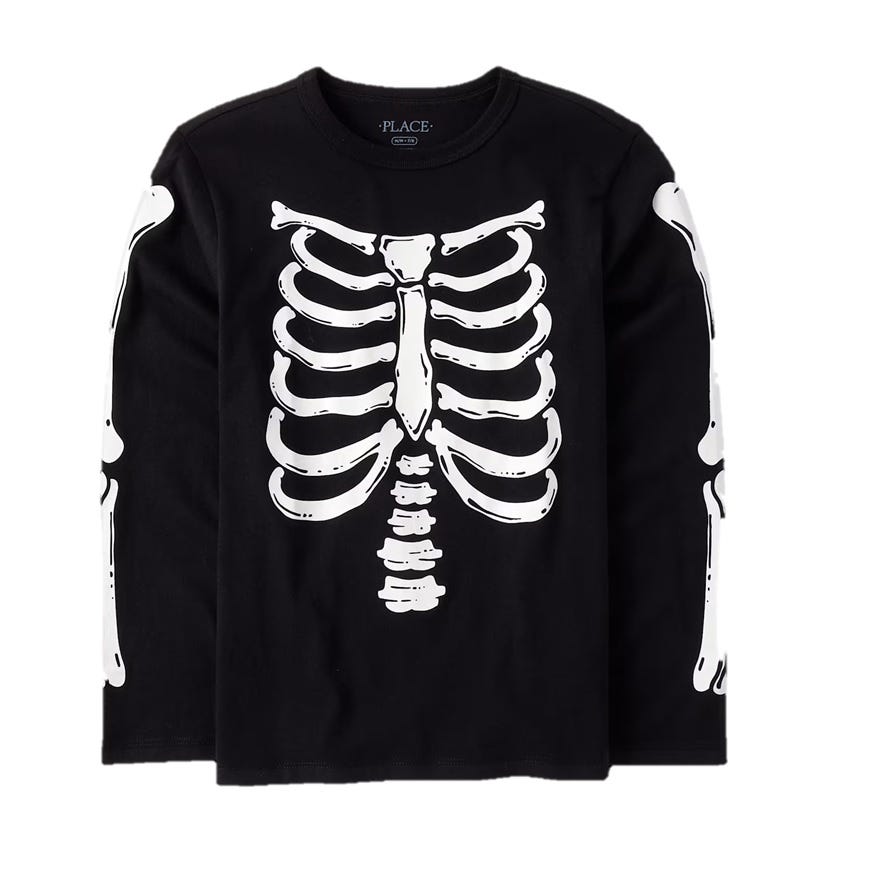 Black long-sleeve shirt with a white skeleton ribcage and arm bones design, suitable for Halloween or themed events.