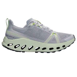 A light gray athletic shoe with a perforated sole and neon green accents, featuring a mesh upper and Swiss engineering branding.