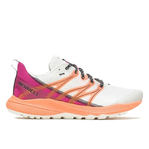 Merrell hiking shoe featuring a white mesh upper, orange and pink accents, black and orange laces, and a durable orange sole for traction. The brand name is visible on the side.