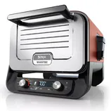 Ninja Woodfire electric grill with a digital display and control knobs, featuring a compact design suitable for indoor use.