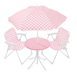 A pink and white checkered children's patio set featuring two folding chairs, a round table, and an umbrella.