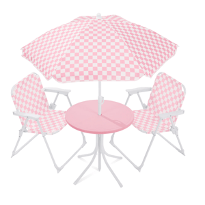A pink and white checkered children's patio set featuring two folding chairs, a round table, and an umbrella.