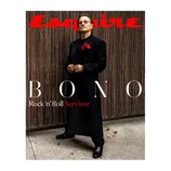 A black-clad figure with a red flower boutonniere stands confidently on the cover of Esquire magazine, featuring the headline \“BONO: Rock 'n' Roll Survivor\“ in contrasting white and red text.
