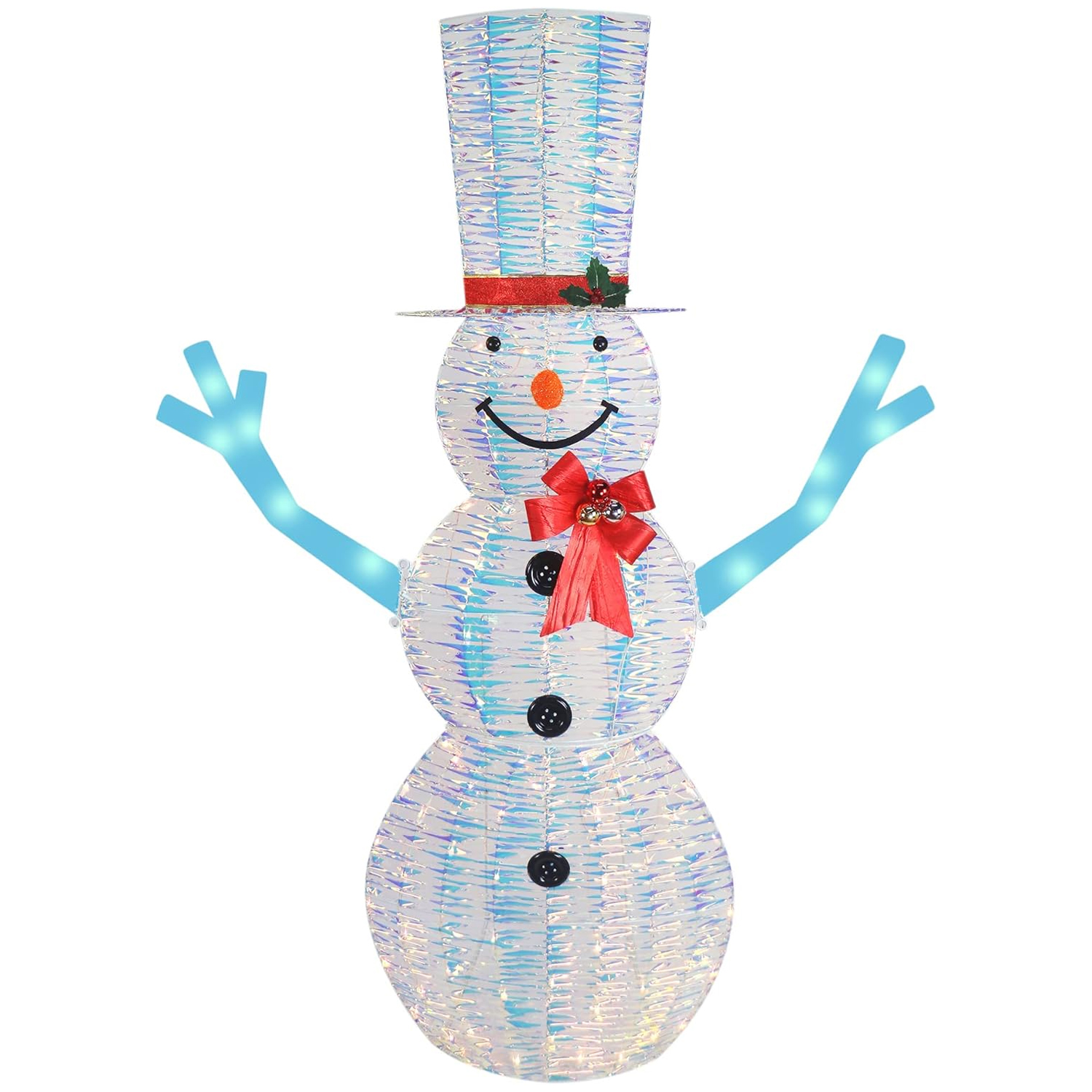A 6-foot pre-lit outdoor snowman with a holographic design, featuring a tall top hat, blue glowing arms, black buttons, a red scarf with bells, and a smiling face.