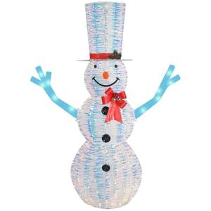 A 6-foot pre-lit outdoor snowman with a holographic design, featuring a tall top hat, blue glowing arms, black buttons, a red scarf with bells, and a smiling face.