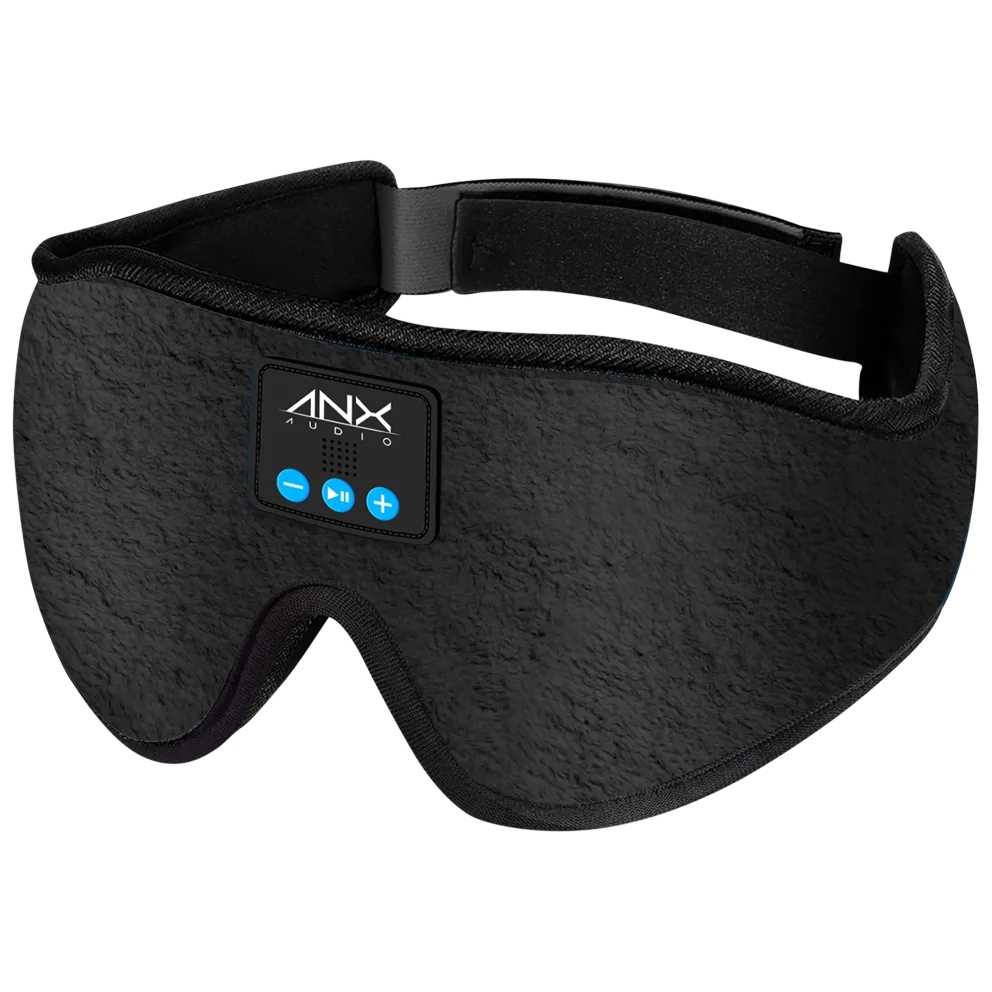 A black sleep mask with built-in headphones, featuring control buttons for play, pause, and volume adjustment.