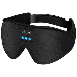 A black sleep mask with built-in headphones, featuring control buttons for play, pause, and volume adjustment.