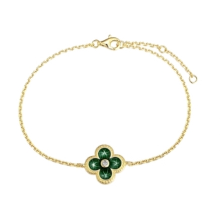 Gold bracelet with a clover-shaped green gemstone pendant featuring a central diamond, and a lobster clasp closure.