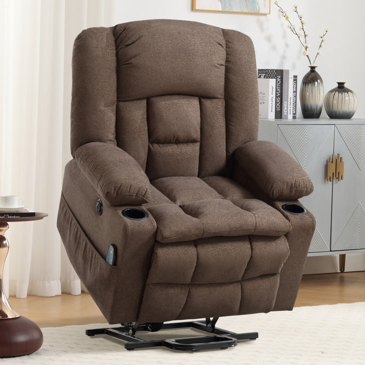 A brown upholstered recliner chair featuring a power lift mechanism, heat and massage functions, with cup holders on both armrests.