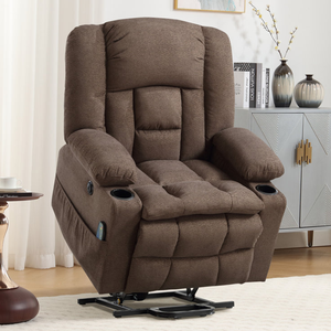 A brown upholstered recliner chair featuring a power lift mechanism, heat and massage functions, with cup holders on both armrests.