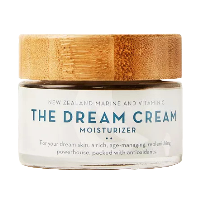 The Dream Cream Moisturizer with New Zealand marine and vitamin C formula is designed for age management and skin replenishment, featuring antioxidant properties.