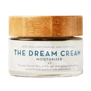 The Dream Cream Moisturizer with New Zealand marine and vitamin C formula is designed for age management and skin replenishment, featuring antioxidant properties.