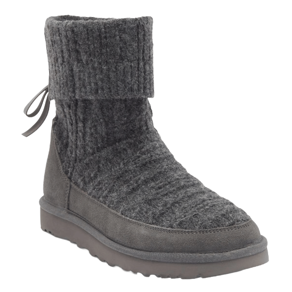 A gray boot featuring a ribbed knit upper and a fold-over cuff with a drawstring detail, paired with a suede-like lower section and a sturdy sole.