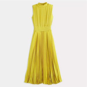 A sleeveless yellow pleated midi dress.