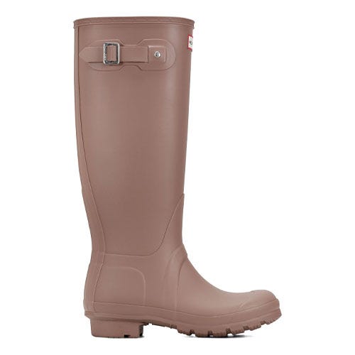 A tall, brown rubber rain boot with a buckle strap near the top and a textured sole, suitable for wet conditions.
