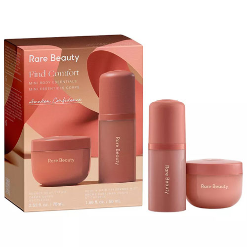 Rare Beauty Find Comfort Mini Body Essentials set includes a 2.53 fl oz (75 ml) body cream and a 1.68 fl oz (50 ml) body oil, designed to provide hydration and comfort.