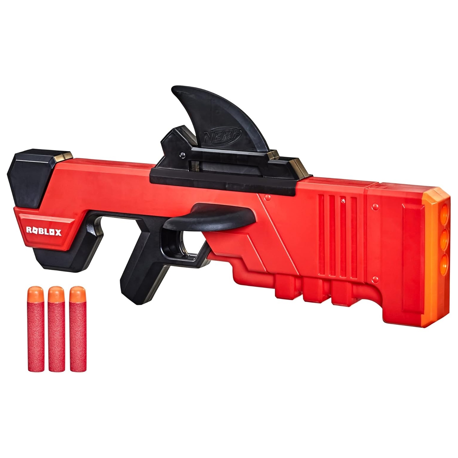 Red and black Nerf blaster inspired by Roblox, featuring a shark fin design and includes three red foam darts.