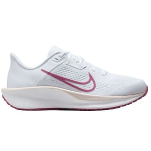 White athletic shoe with pink swoosh, featuring a cushioned sole and breathable mesh upper.