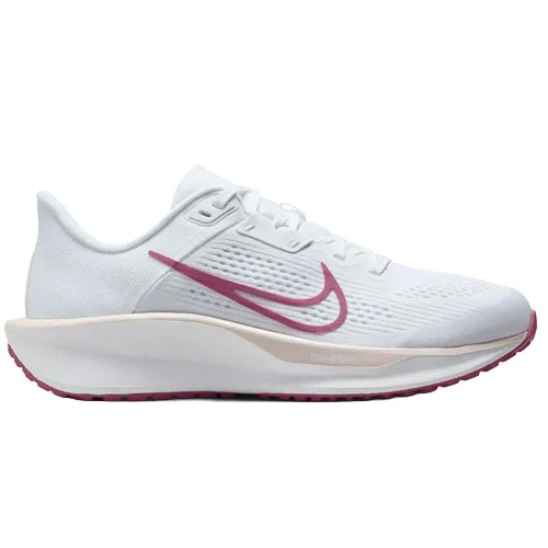 White athletic shoe with pink swoosh, featuring a cushioned sole and breathable mesh upper.