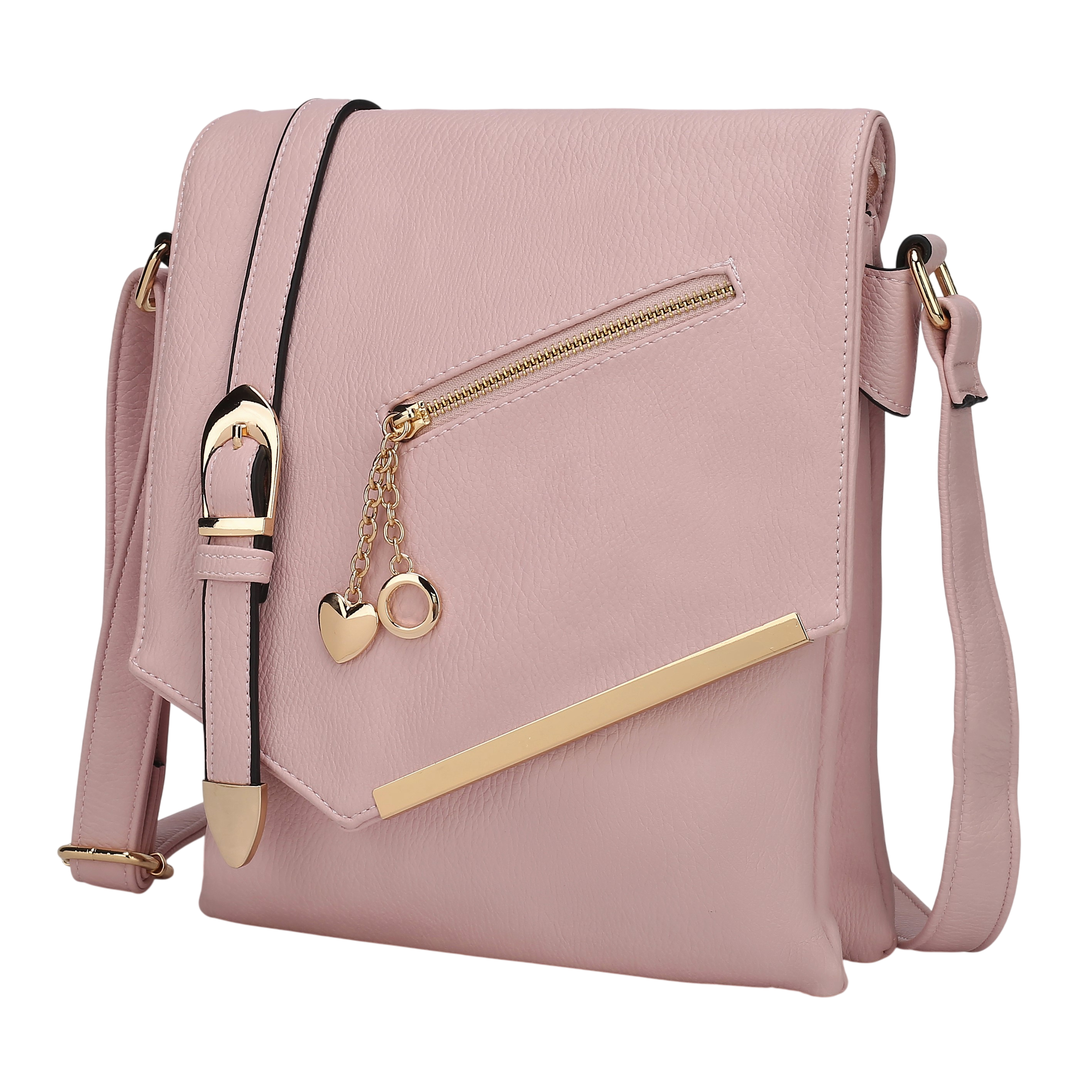 Pink shoulder bag with a flap closure, featuring a gold zipper pocket, decorative gold chains with heart and circle charms, an adjustable strap, and gold-tone hardware accents.
