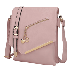 Pink shoulder bag with a flap closure, featuring a gold zipper pocket, decorative gold chains with heart and circle charms, an adjustable strap, and gold-tone hardware accents.
