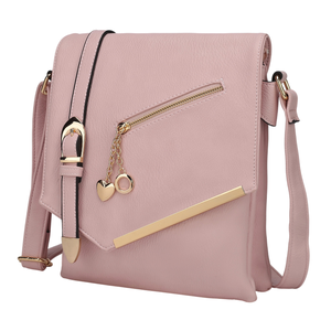 Pink shoulder bag with a flap closure, featuring a gold zipper pocket, decorative gold chains with heart and circle charms, an adjustable strap, and gold-tone hardware accents.