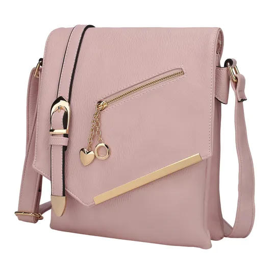 Pink shoulder bag with a flap closure, featuring a gold zipper pocket, decorative gold chains with heart and circle charms, an adjustable strap, and gold-tone hardware accents.