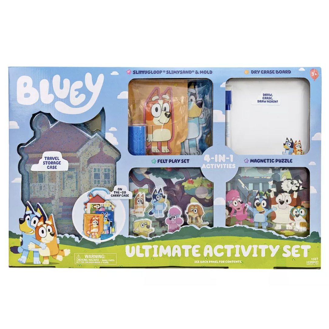 Bluey Ultimate Activity Set includes a travel storage case, dry erase board, felt play set, and magnetic puzzle. Suitable for ages 3 and up, with four engaging activities.
