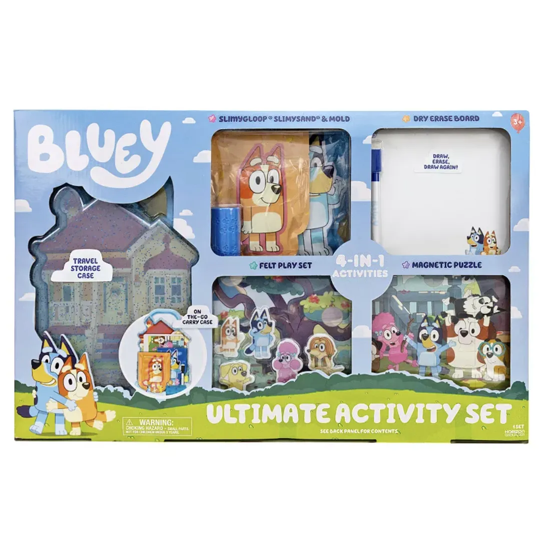 Bluey Ultimate Activity Set includes a travel storage case, dry erase board, felt play set, and magnetic puzzle. Suitable for ages 3 and up, with four engaging activities.