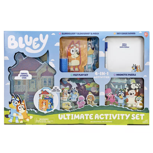 Bluey Ultimate Activity Set includes a travel storage case, dry erase board, felt play set, and magnetic puzzle. Suitable for ages 3 and up, with four engaging activities.