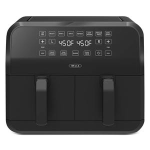 8qt Dual-Basket Air Fryer with touch controls includes settings for air fry, roast, broil, bake, reheat, keep warm, French fries, and dehydrate. Features dual baskets, temperature and time display, and options like sync finish and dual cook.