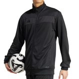 A person wearing a black Adidas tracksuit featuring the Aeroready logo holds a black and white soccer ball with the Adidas logo.